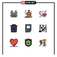 grupo de 9 signos y símbolos de colores planos de línea rellena para la papelera del corazón de la consola gameboy eliminar elementos de diseño vectorial editables vector