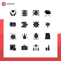 16 Thematic Vector Solid Glyphs and Editable Symbols of design rainy weather gong raining cloud raining Editable Vector Design Elements