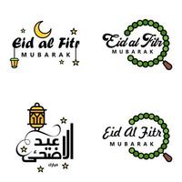 Set of 4 Vectors Eid Mubarak Happy Eid for You In Arabic Calligraphy Style Curly Script with Stars Lamp moon