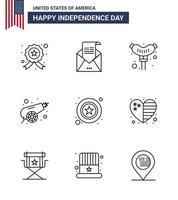 Happy Independence Day Pack of 9 Lines Signs and Symbols for police weapon mail war army Editable USA Day Vector Design Elements