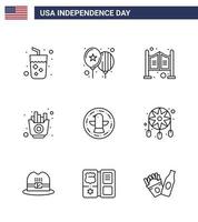 USA Independence Day Line Set of 9 USA Pictograms of bird chips door fries fast Editable USA Day Vector Design Elements