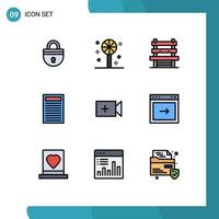 Pack of 9 Modern Filledline Flat Colors Signs and Symbols for Web Print Media such as ui video chair red book Editable Vector Design Elements