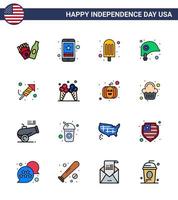 16 USA Flat Filled Line Pack of Independence Day Signs and Symbols of festival fire work cream star helmet Editable USA Day Vector Design Elements