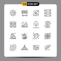 Group of 16 Modern Outlines Set for lan server management network files Editable Vector Design Elements