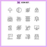 Modern Set of 16 Outlines and symbols such as marketing heart hacker settings heart lock Editable Vector Design Elements