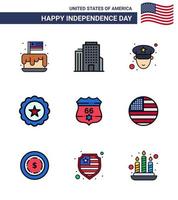 feliz día de la independencia 4 de julio conjunto de 9 líneas planas llenas pictografía americana de estados unidos hombre americano bebida de estados unidos elementos de diseño vectorial editables del día de estados unidos vector