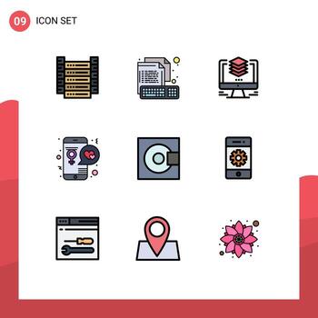 conjunto moderno de 9 colores planos y símbolos de línea de llenado, como elementos de diseño de vectores editables de la computadora de la aplicación de archivo del día del amante