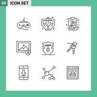 Mobile Interface Outline Set of 9 Pictograms of privacy data clipboard photo image Editable Vector Design Elements