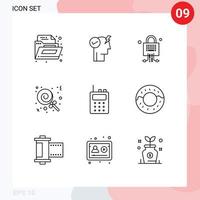 User Interface Pack of 9 Basic Outlines of donut radio locked communication christmas Editable Vector Design Elements