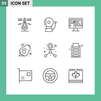conjunto de contorno de interfaz móvil de 9 pictogramas de elementos de diseño de vector editables de huevo de destino de código de ruta de batería