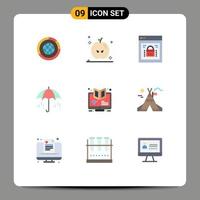 Mobile Interface Flat Color Set of 9 Pictograms of weather umbrella thanksgiving web security protected browser Editable Vector Design Elements