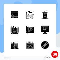 Group of 9 Solid Glyphs Signs and Symbols for process design blueprint game creating blueprint drink Editable Vector Design Elements