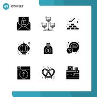 Set of 9 Vector Solid Glyphs on Grid for capital lamp computer holidays asset Editable Vector Design Elements