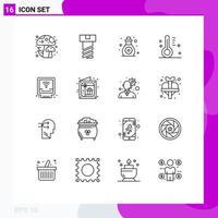 Modern Set of 16 Outlines Pictograph of birthday plumber toddler mechanical temperature Editable Vector Design Elements