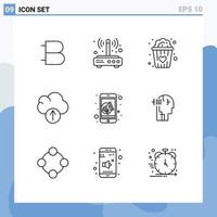 Set of 9 Vector Outlines on Grid for marketing upload connection data snacks love Editable Vector Design Elements