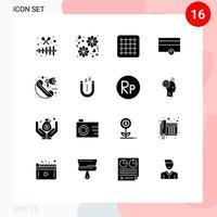 Group of 16 Modern Solid Glyphs Set for magnet loudspeaker layout call up Editable Vector Design Elements