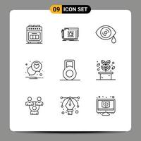 Pictogram Set of 9 Simple Outlines of leaf dumbbell drops romance heart Editable Vector Design Elements