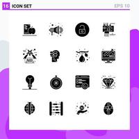 Set of 16 Vector Solid Glyphs on Grid for black friday engineering unlock electronics assemble Editable Vector Design Elements