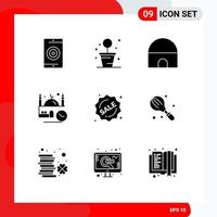 Group of 9 Solid Glyphs Signs and Symbols for badge pray building masjid time Editable Vector Design Elements