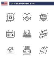 Stock Vector Icon Pack of American Day 9 Line Signs and Symbols for golden bridge american american day Editable USA Day Vector Design Elements