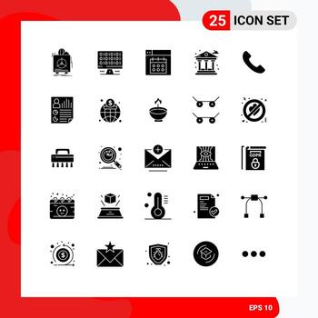 25 glifos sólidos universales establecidos para aplicaciones web y móviles servidor de banco de teléfonos fecha de vida elementos de diseño de vectores editables