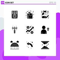 Pack of 9 Modern Solid Glyphs Signs and Symbols for Web Print Media such as dollar analysis eco screw gear Editable Vector Design Elements