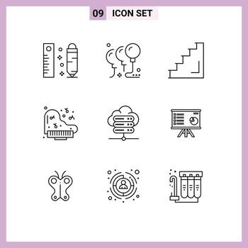 9 Thematic Vector Outlines and Editable Symbols of network server piano floor instrument stairs Editable Vector Design Elements