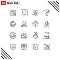 Universal Icon Symbols Group of 16 Modern Outlines of world globe puzzle trophy award Editable Vector Design Elements