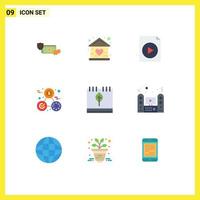 User Interface Pack of 9 Basic Flat Colors of time clock building video document Editable Vector Design Elements