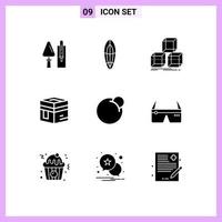 Pack of 9 creative Solid Glyphs of meccah islam surfing holy box Editable Vector Design Elements