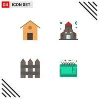 4 iconos planos universales establecidos para aplicaciones web y móviles casa interior edificio barricada calendario elementos de diseño vectorial editables vector