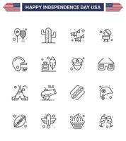 Set of 16 Vector Lines on 4th July USA Independence Day such as american bbq american barbecue party Editable USA Day Vector Design Elements