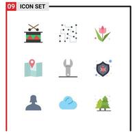 Universal Icon Symbols Group of 9 Modern Flat Colors of spanner pin science map plant Editable Vector Design Elements