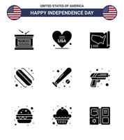 Happy Independence Day 9 Solid Glyphs Icon Pack for Web and Print bat ball map states american Editable USA Day Vector Design Elements