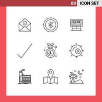 Mobile Interface Outline Set of 9 Pictograms of emblem award board tick check Editable Vector Design Elements