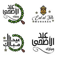 paquete moderno de 4 eidkum mubarak árabe tradicional tipografía kufic cuadrada moderna texto de saludo decorado con estrellas y luna vector