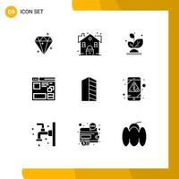 Group of 9 Solid Glyphs Signs and Symbols for buildings web plant page browser Editable Vector Design Elements