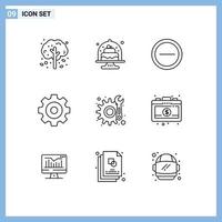 Group of 9 Outlines Signs and Symbols for repair gear dish drawing create Editable Vector Design Elements