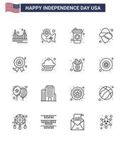 Paquete de 16 líneas de estados unidos de signos y símbolos del día de la independencia de la bebida de vaquero de wisconsin sombrero de independencia elementos de diseño vectorial del día de estados unidos editables vector