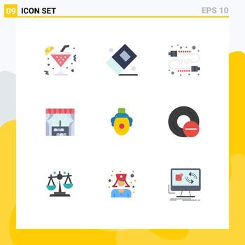 Editable Vector Line Pack of 9 Simple Flat Colors of circus joker communication window building Editable Vector Design Elements