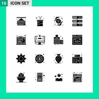 16 Thematic Vector Solid Glyphs and Editable Symbols of laptop computer raw information server backup Editable Vector Design Elements