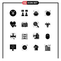 Universal Icon Symbols Group of 16 Modern Solid Glyphs of heart beat danger bowl bomb nest Editable Vector Design Elements