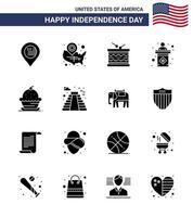 16 signos de glifo sólido de estados unidos celebración del día de la independencia símbolos de signo elección ubicación pin desfile de estados unidos elementos de diseño de vector de día de estados unidos editables