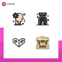 Modern Set of 4 Filledline Flat Colors Pictograph of brain videogame mechanism lamp bag Editable Vector Design Elements