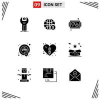 Universal Icon Symbols Group of 9 Modern Solid Glyphs of bandage security money encryption cooking Editable Vector Design Elements