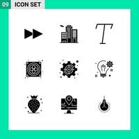 Editable Vector Line Pack of 9 Simple Solid Glyphs of solution bulb fan target set Editable Vector Design Elements