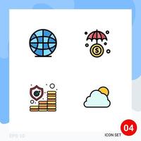 4 User Interface Filledline Flat Color Pack of modern Signs and Symbols of globe protection insurance insurance cloud Editable Vector Design Elements