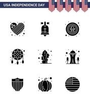 9 signos de glifo sólido de estados unidos celebración del día de la independencia símbolos de cactus atrapasueños insignia de decoración americana elementos de diseño de vector de día de estados unidos editables