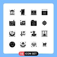 Group of 16 Solid Glyphs Signs and Symbols for art races ads race video Editable Vector Design Elements