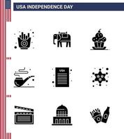 USA Happy Independence DayPictogram Set of 9 Simple Solid Glyphs of democratic declaration dessert st pipe Editable USA Day Vector Design Elements